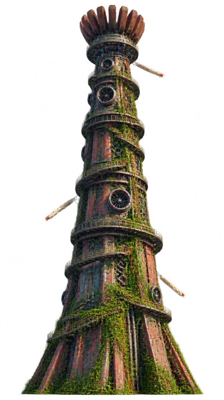Engine Nine, menara mesin atmosfer berkarat yang dirambati lumut dan sulur, menjulang di belakang kota